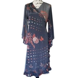 Floral Grey Silk Blend Wrap Dress With Bell Sleeves Size M